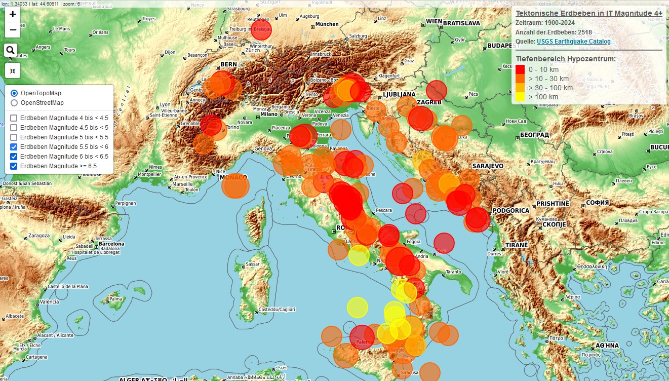 M4.0+ Earthquakes Italy 1900-2024